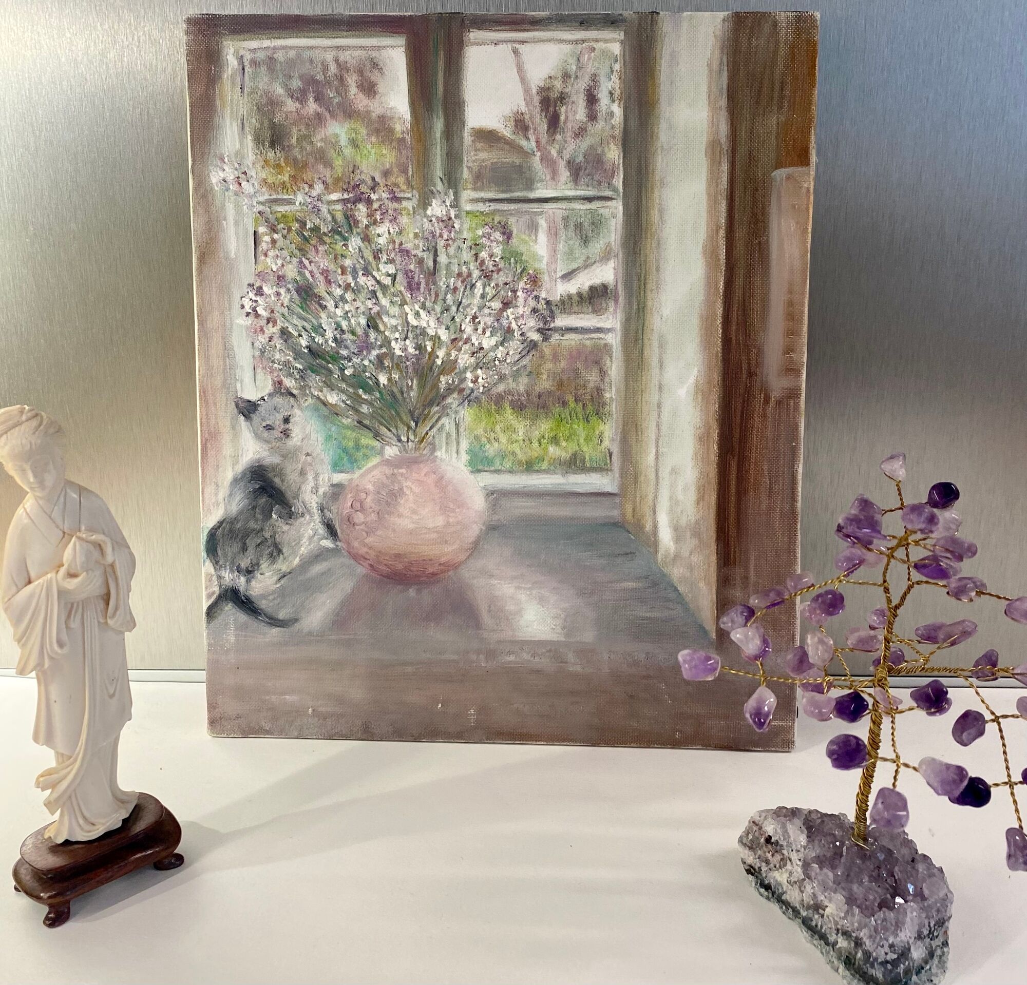 Old painting, still life with bouquet of flower and cat 80s