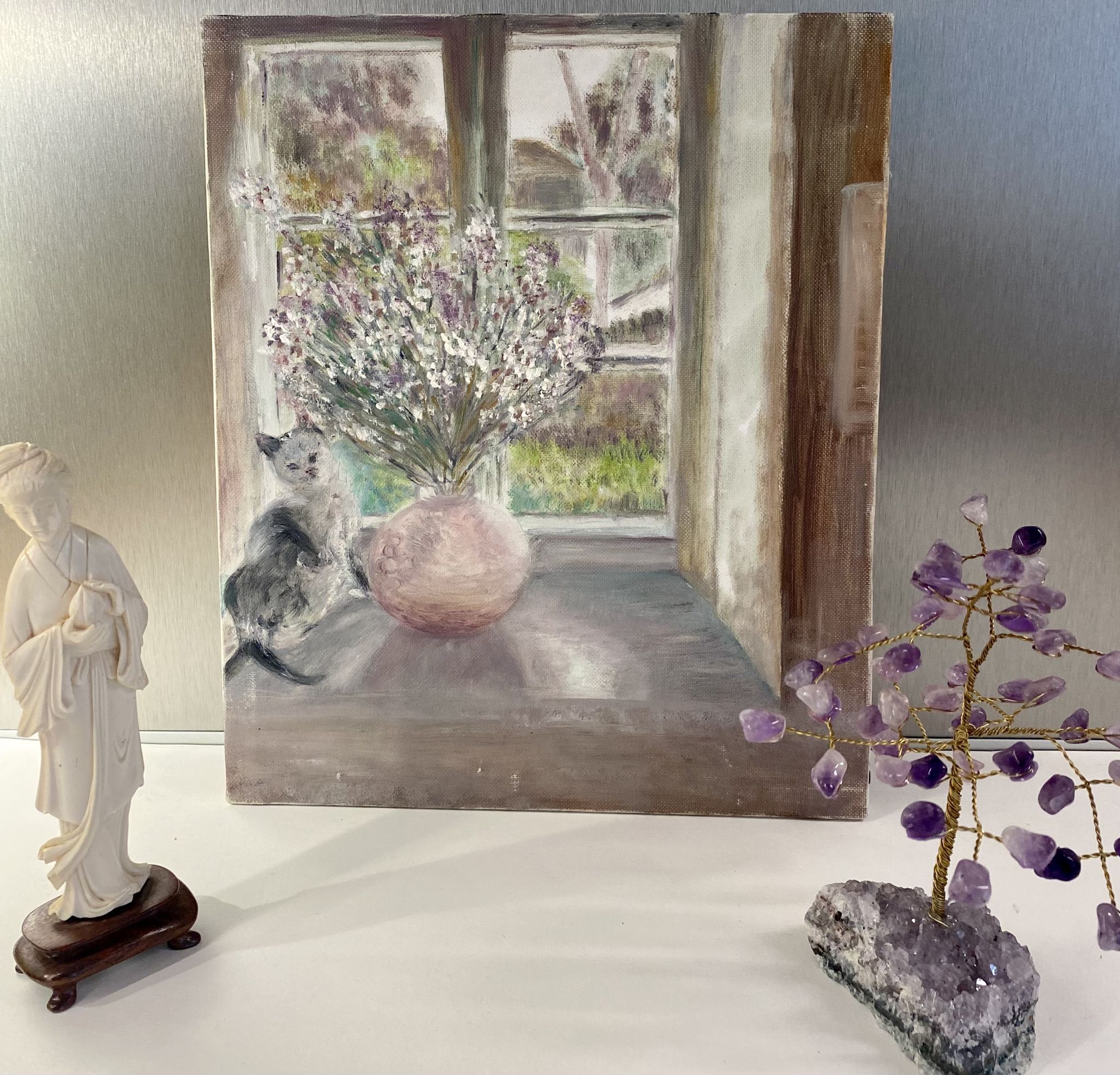 Old painting, still life with bouquet of flower and cat 80s