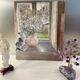 Old painting, still life with bouquet of flower and cat 80s