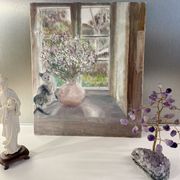 Old painting, still life with bouquet of flower and cat 80s