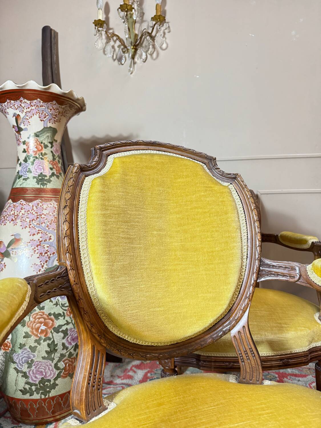 Set of four natural wood armchairs in louis xvi style 19th century
