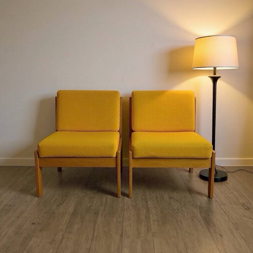 Pair of vintage Scandinavian armchairs in pine and fabric.