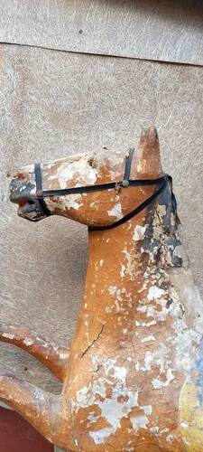 Ancien Cheval À Bascule XIXe Siècle En Bois Et Papier Mâché Peint