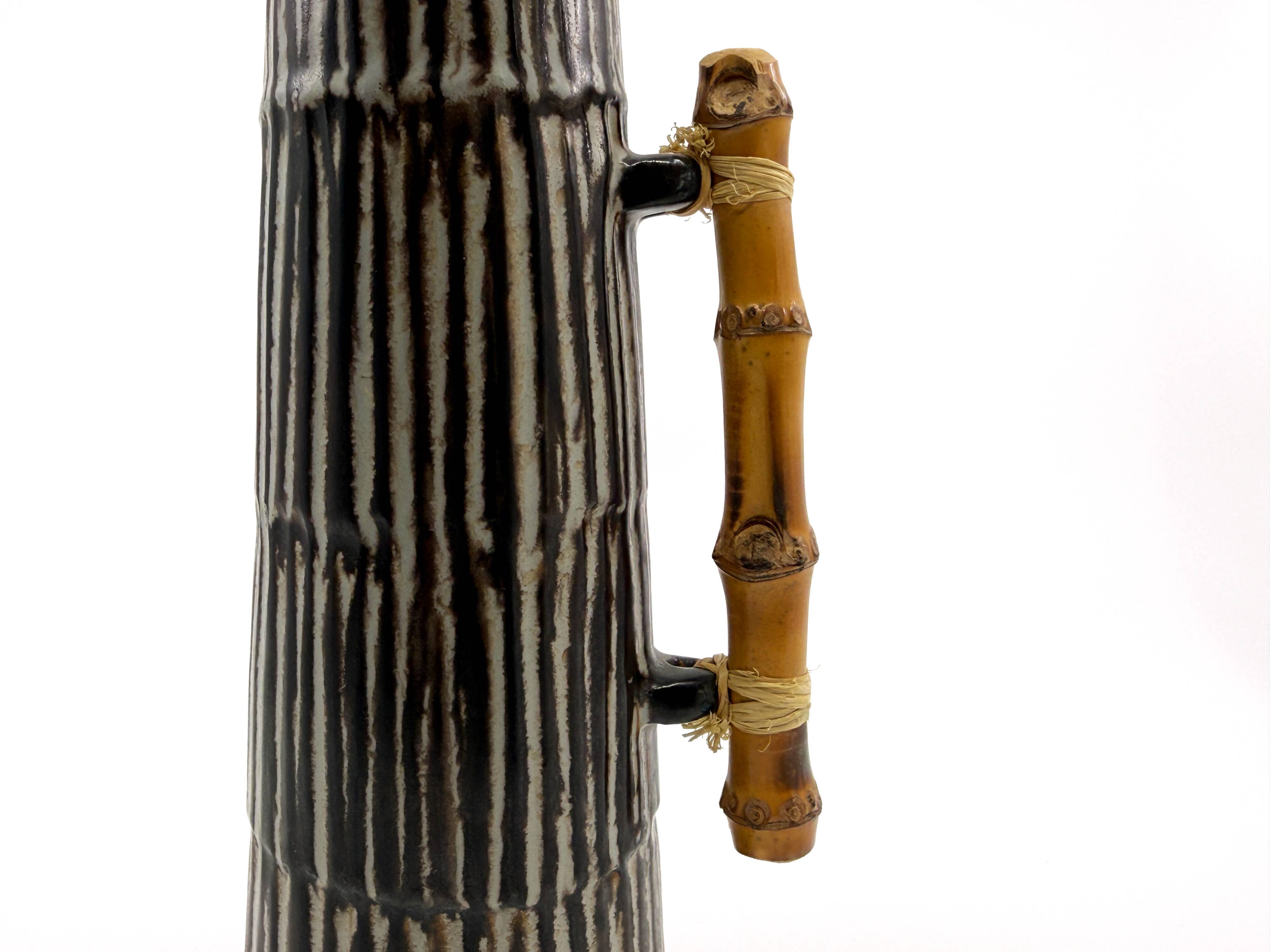 Vintage ceramic and bamboo pitcher vase • BR Keramik Denmark • 1960s