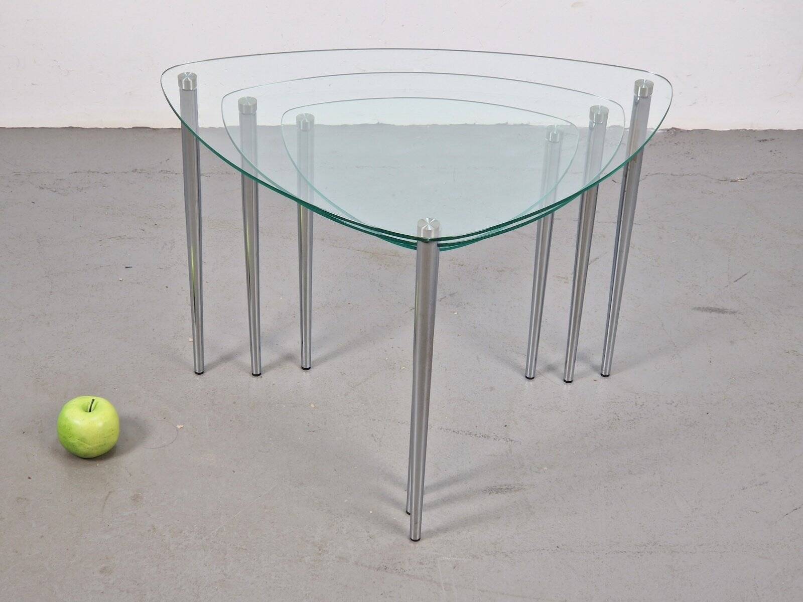Triangular Nesting Tables in Glass and Metal, 1970s, Set of 3