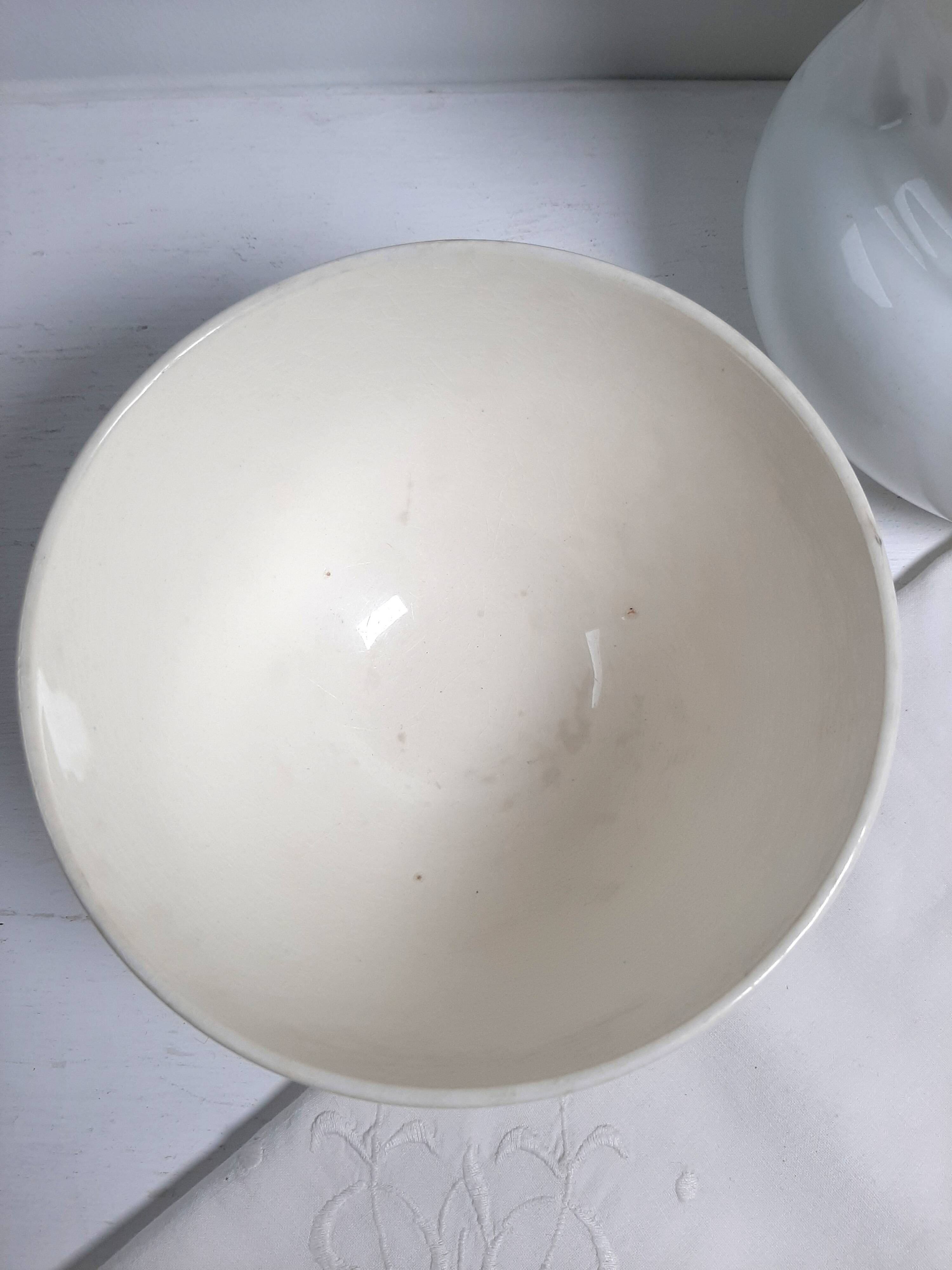Vintage ironstone bowl from the Badonviller factory in cream and blue.
