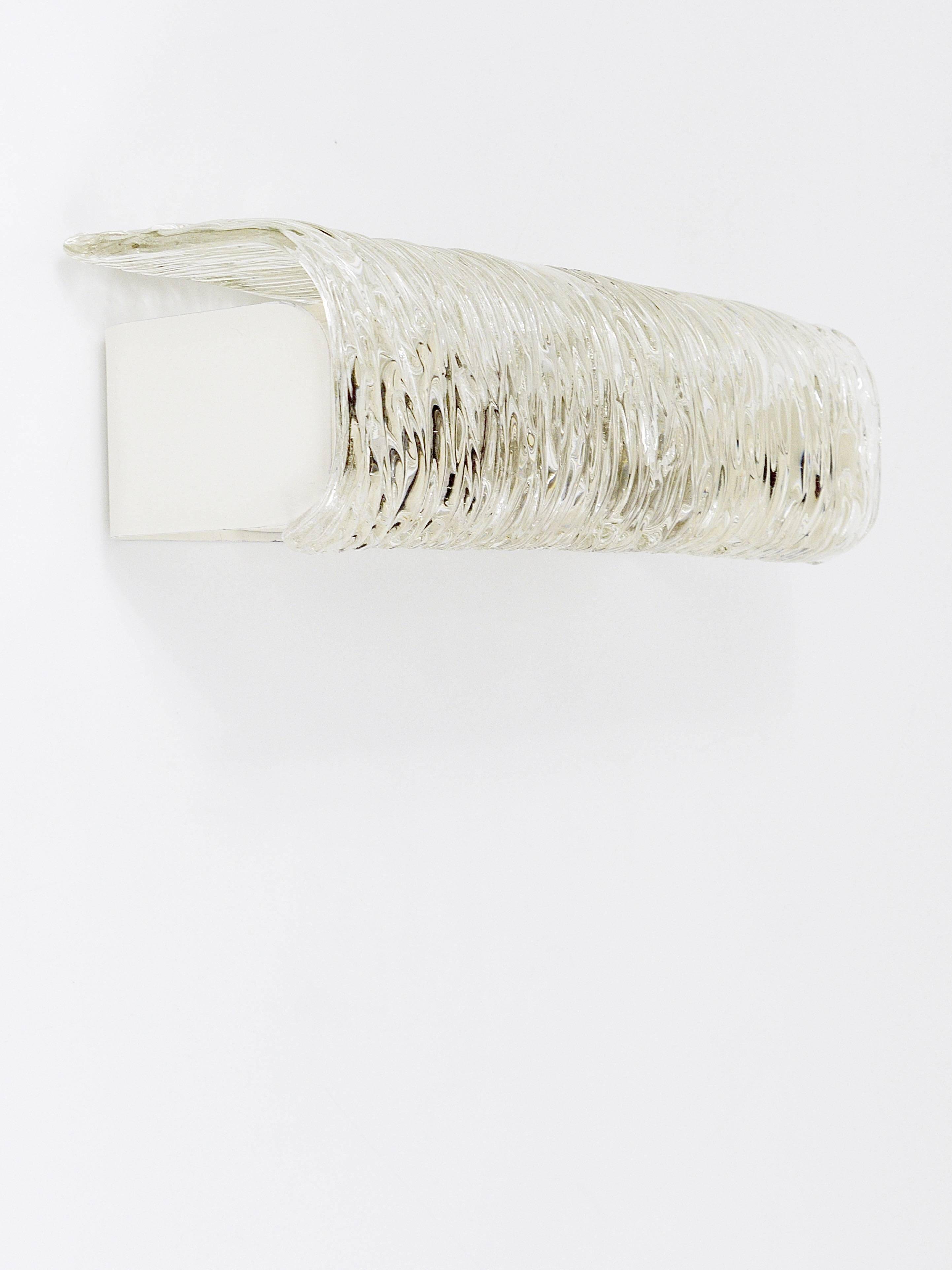 Wall-mounted mirror sconce by J.T. Kalmar, brass and textured glass, Austria, 1950s.