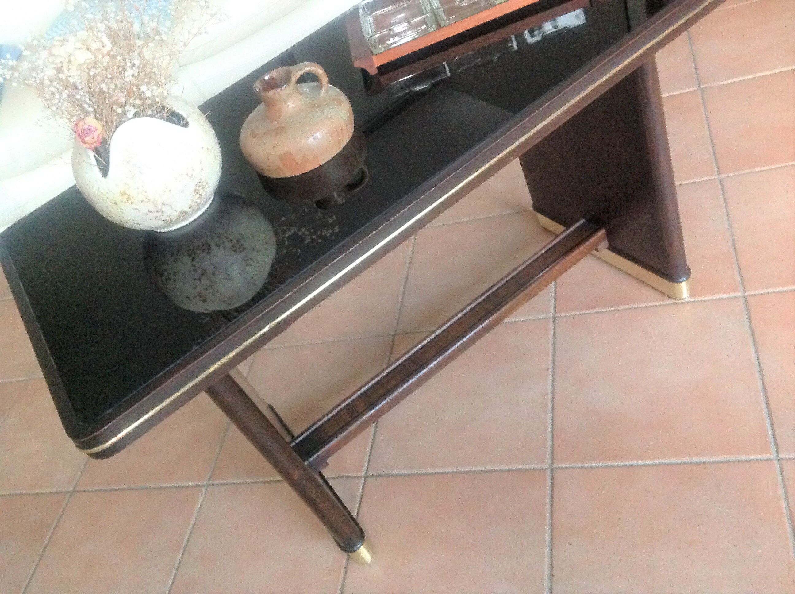 Coffee table with black glass top / 40s-50s