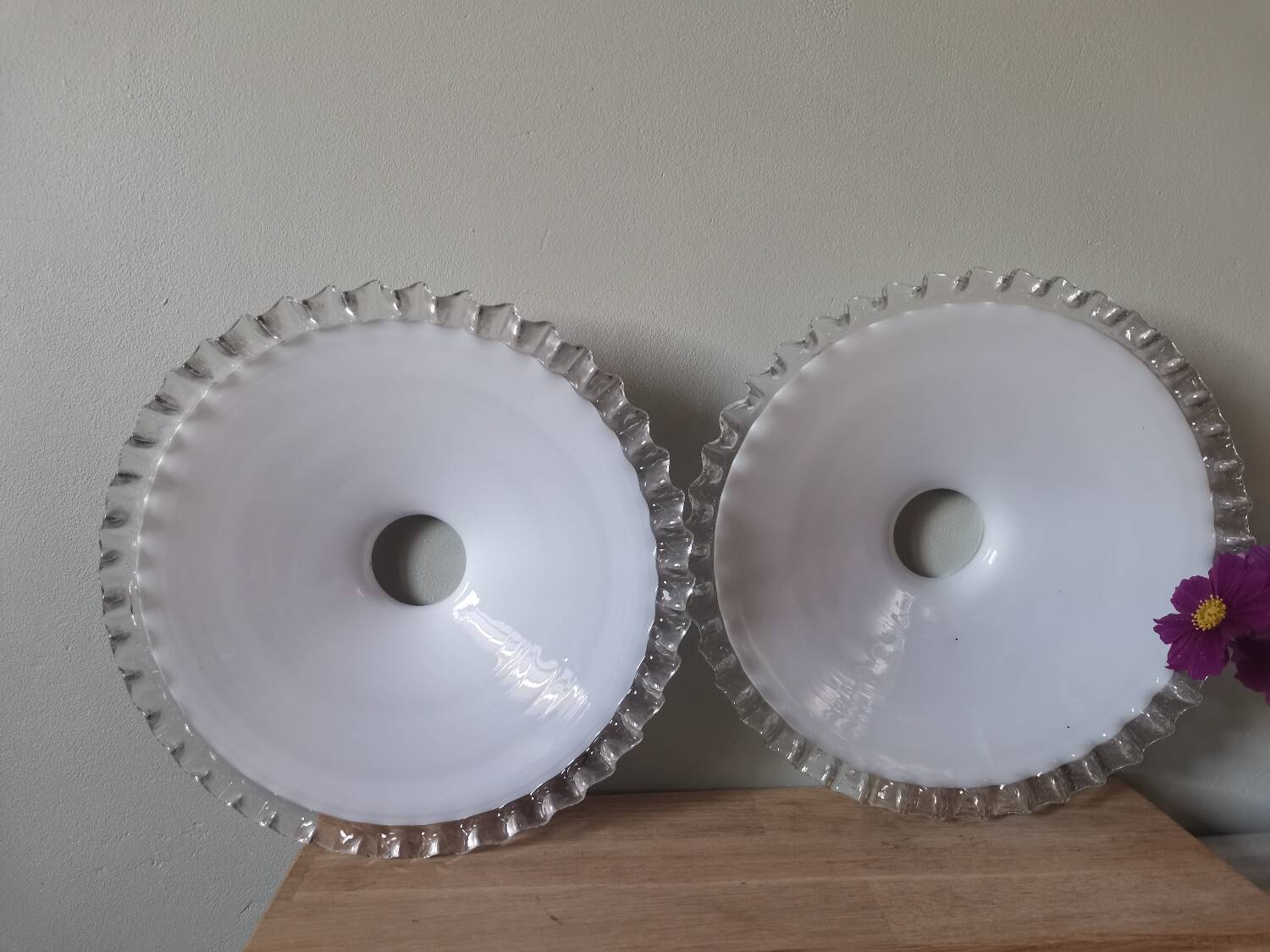 Set of 2 vintage pendant lampshades in wavy white opaline glass
