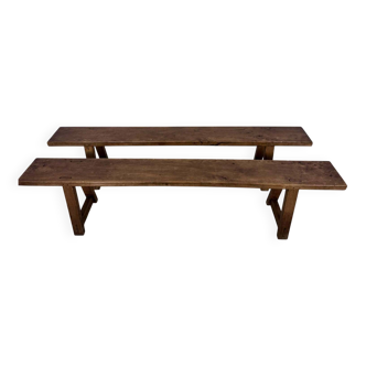 Pair of solid elm benches, 190 cm long, from the 1950s.