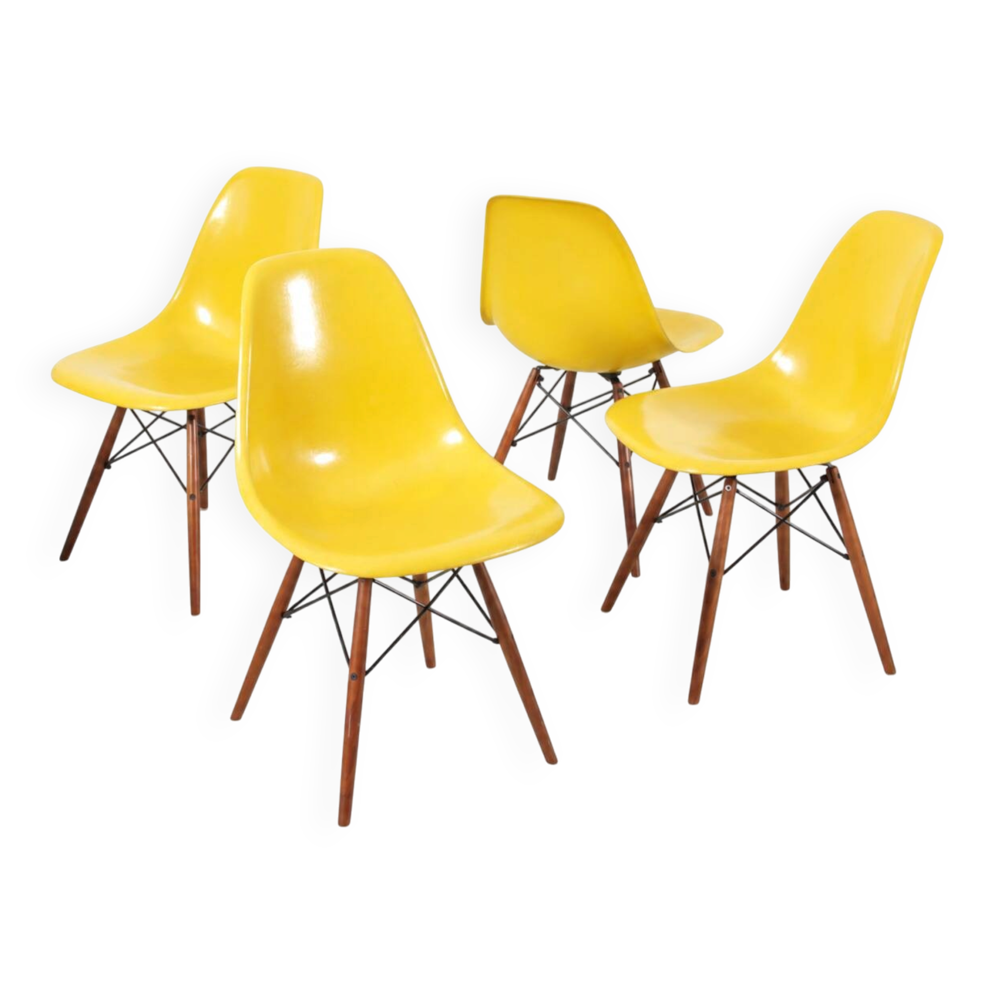 Set of 4 DSW chairs by Charles Eames - yellow fibreglass edition by Herman.