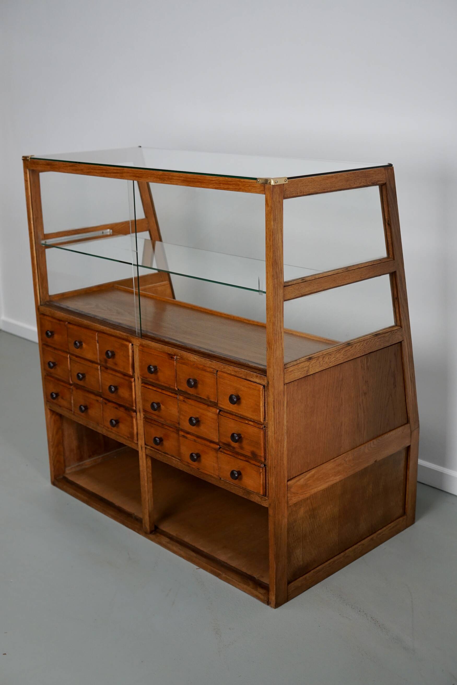 Antique Spanish beech & oak haberdashery cabinet or shop counter, 1950s