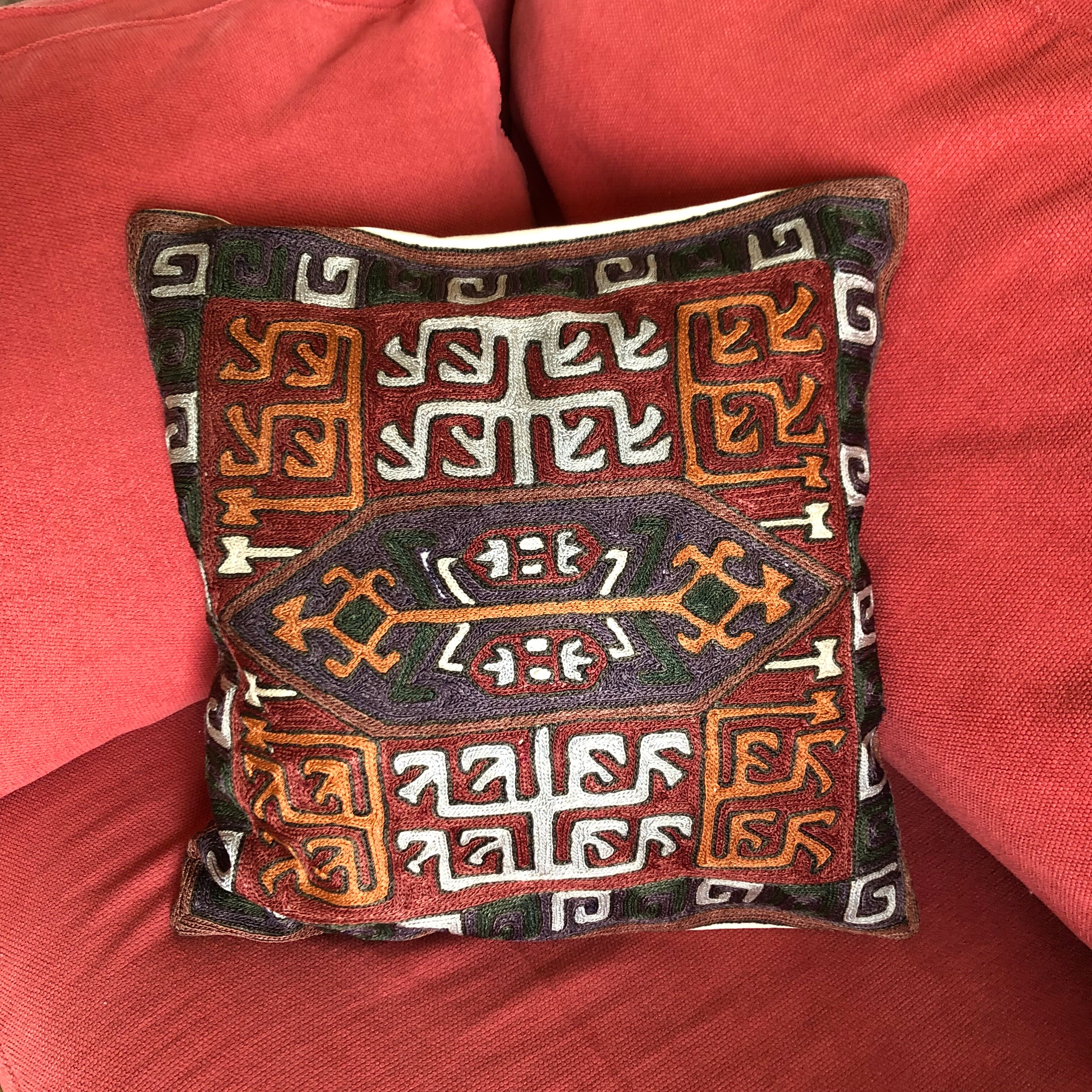 Embroidered cushion cover in silk and cotton