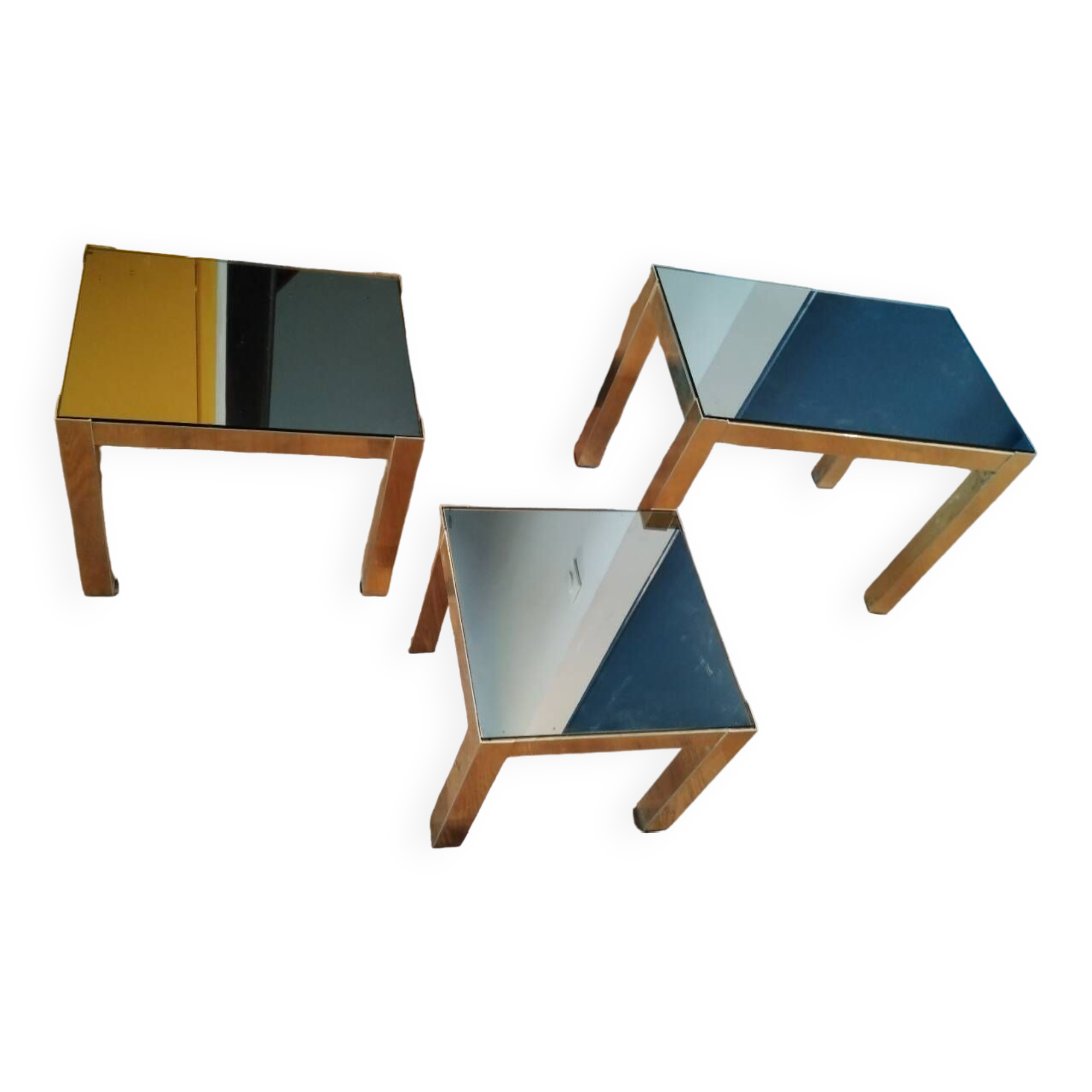 Vintage nesting table in gold metal and smoked mirror glass