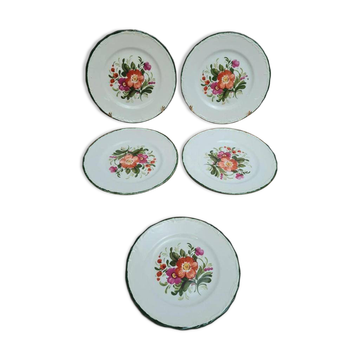 Set of 5 vintage Pagnossin dessert plates – floral design, green rim
