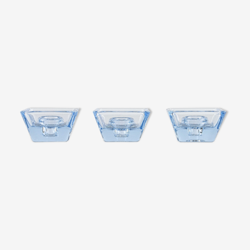 Trois bougeoirs, Holmegaard, verre, avec boîte d’origine bleu