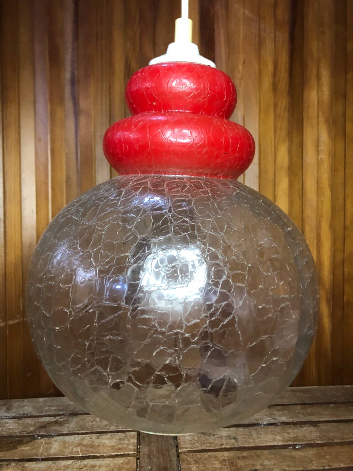 Old transparent & red cracked glass pendant lamp 1970s vintage #a548