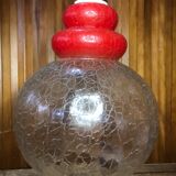 Ancienne suspension verre craquelé transparent & rouge années 70 vintage #a548