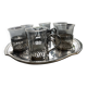 6 small glasses in their silver metal holder, with handle