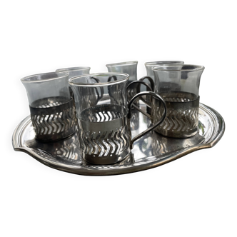 6 small glasses in their silver metal holder, with handle