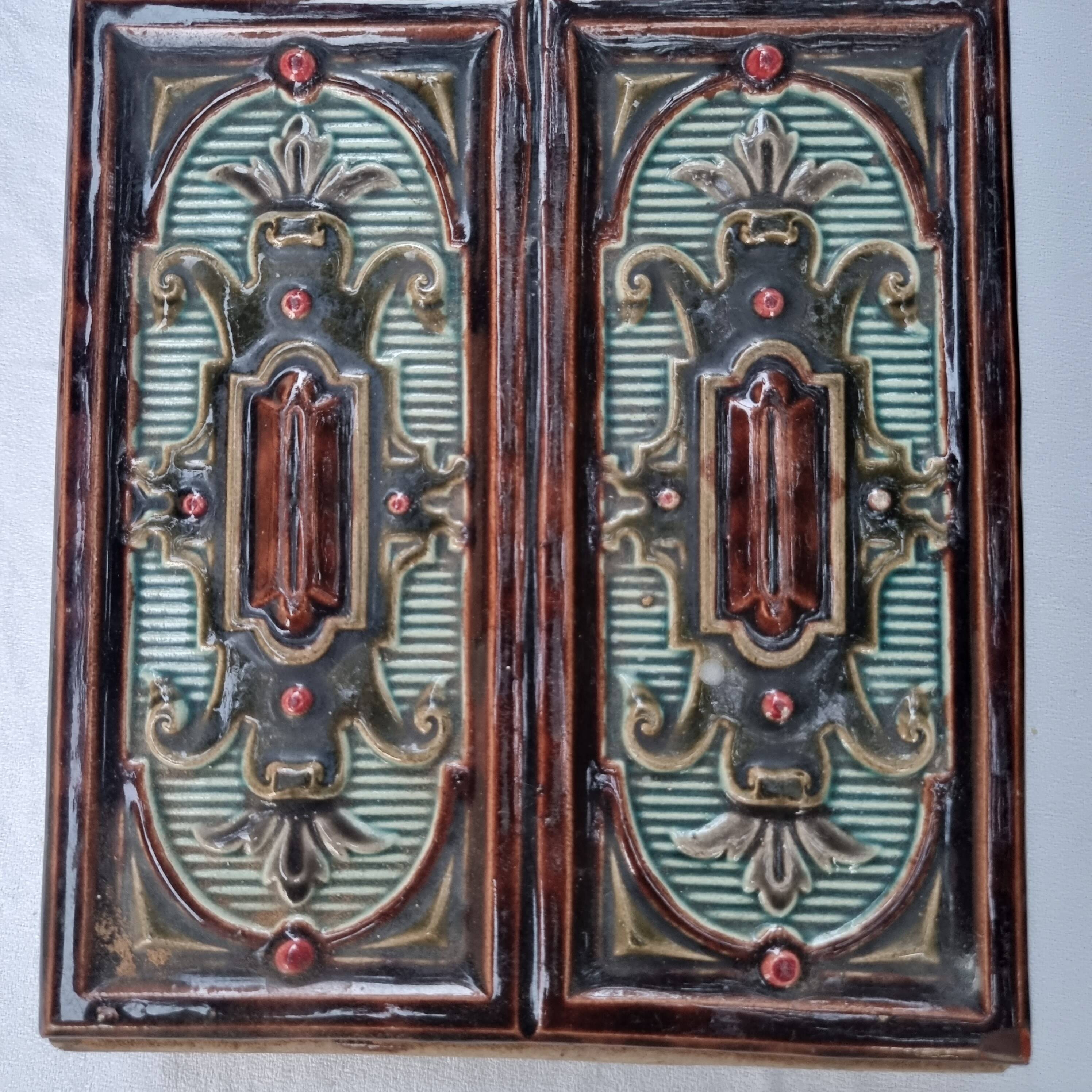 Antique Art Nouveau glazed earthenware tile from the 19th century
