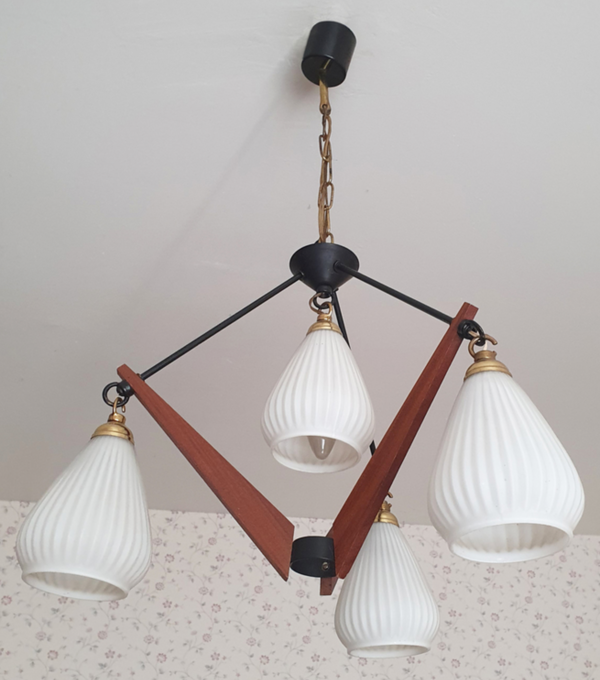 Suspension vintage teck et opaline création Targetti Sankey, vintage, années 60