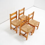 1970’s set of chairs in pine wood with straw seat