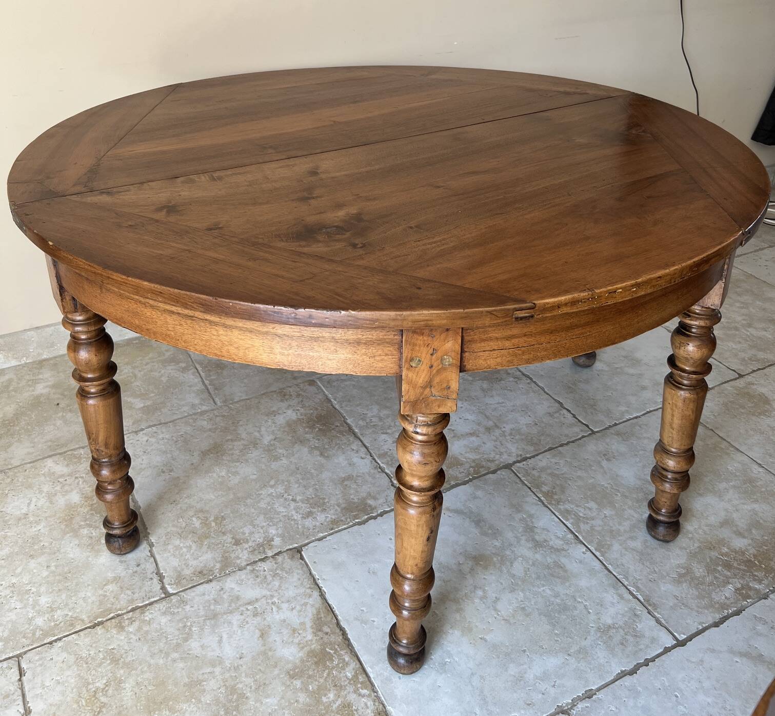Louis-Philippe XIXth century demi-lune console table in solid walnut – seats 6 people.