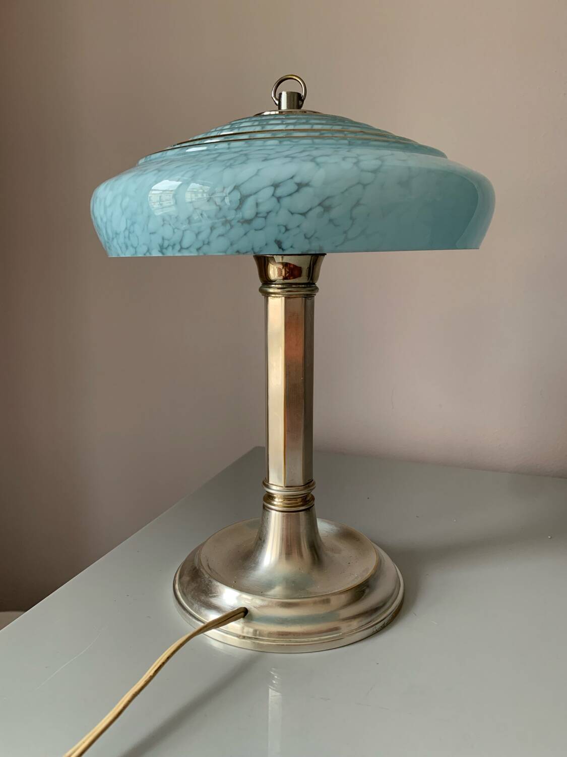 Antique table lamp with silver base and Clichy glass