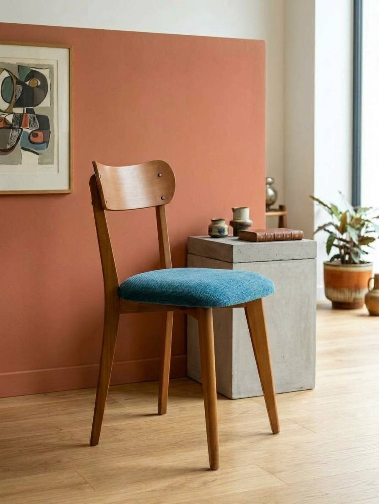 Vintage chair from the 60s — Warm wood & blue velvet seat