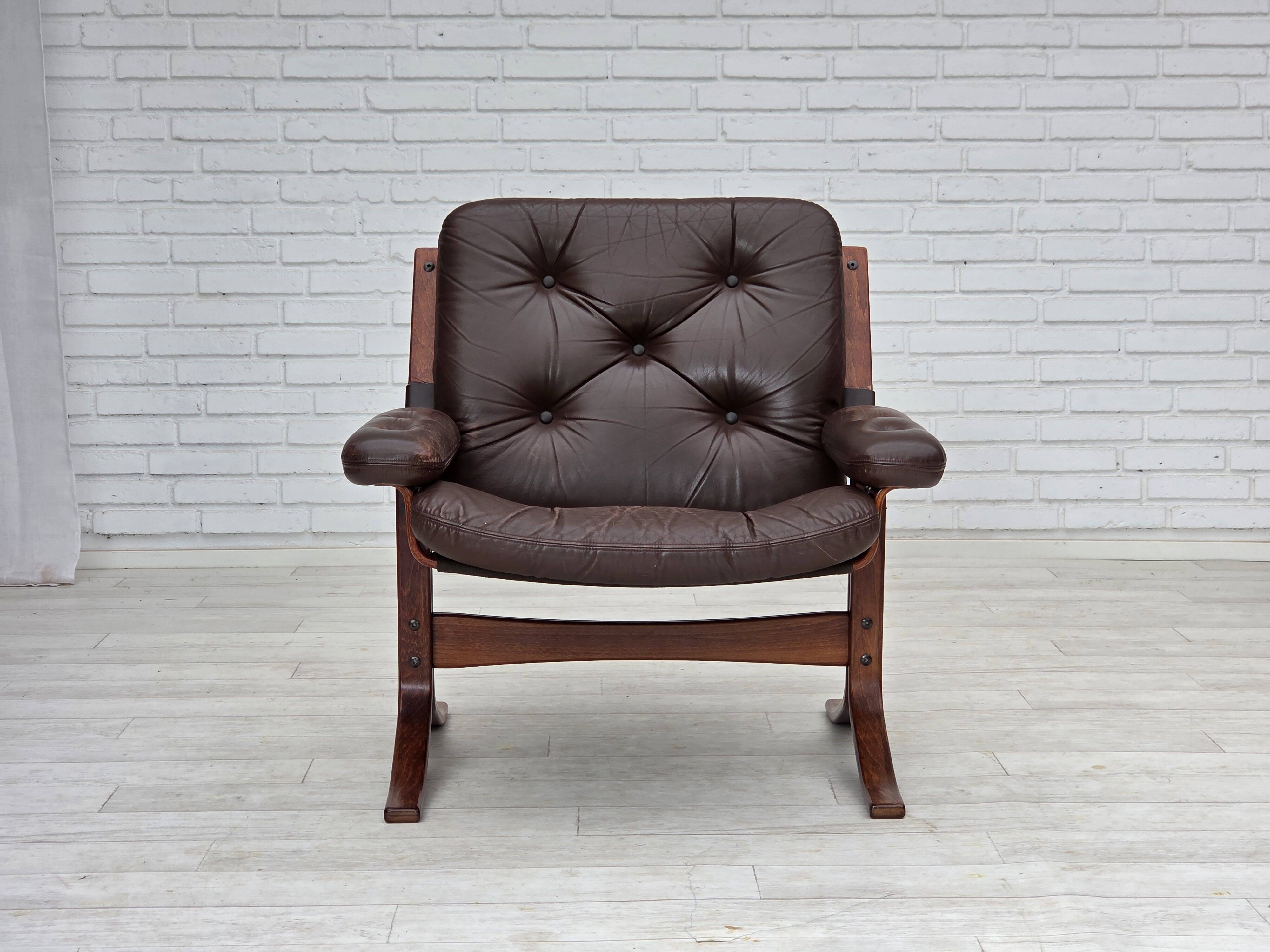 1970s, Norwegian armchair by Jon Hjortdal, furniture leather, bent wood.