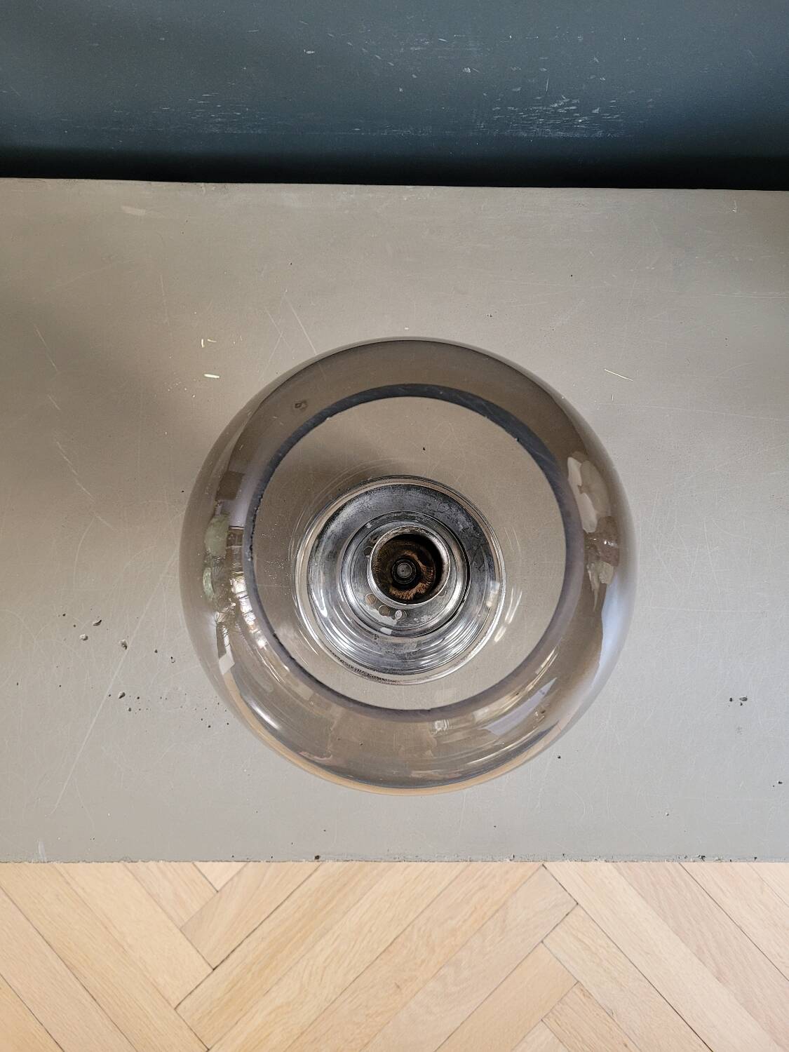 Outdoor glass candle holder in smoked glass and chrome