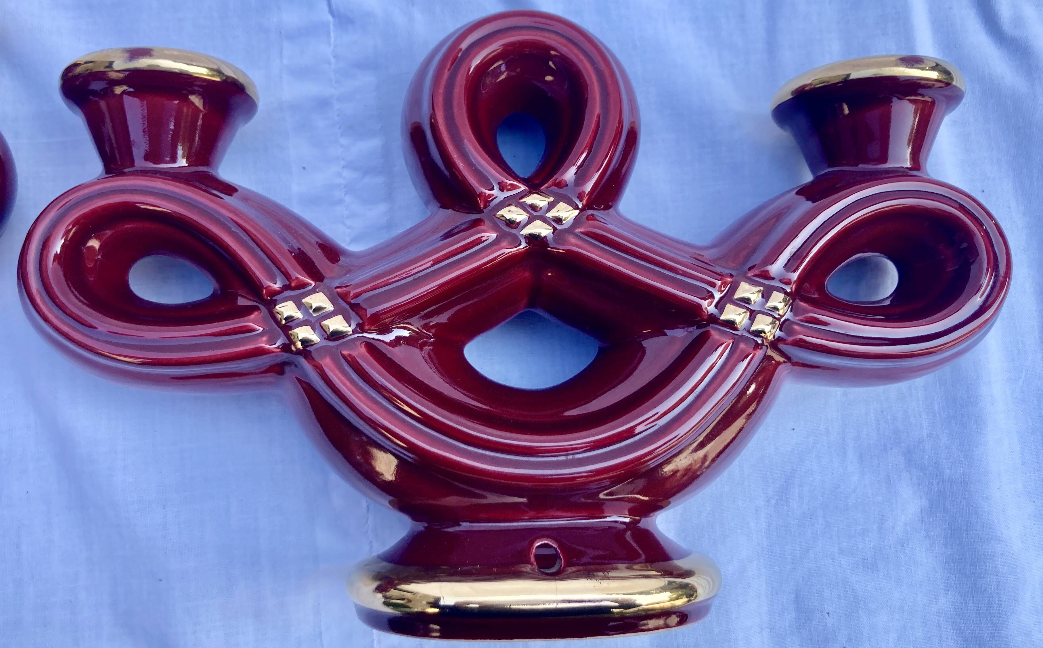 Double Candle Holder Vallauris Vintage Red Burgundy Ceramic Massier Style