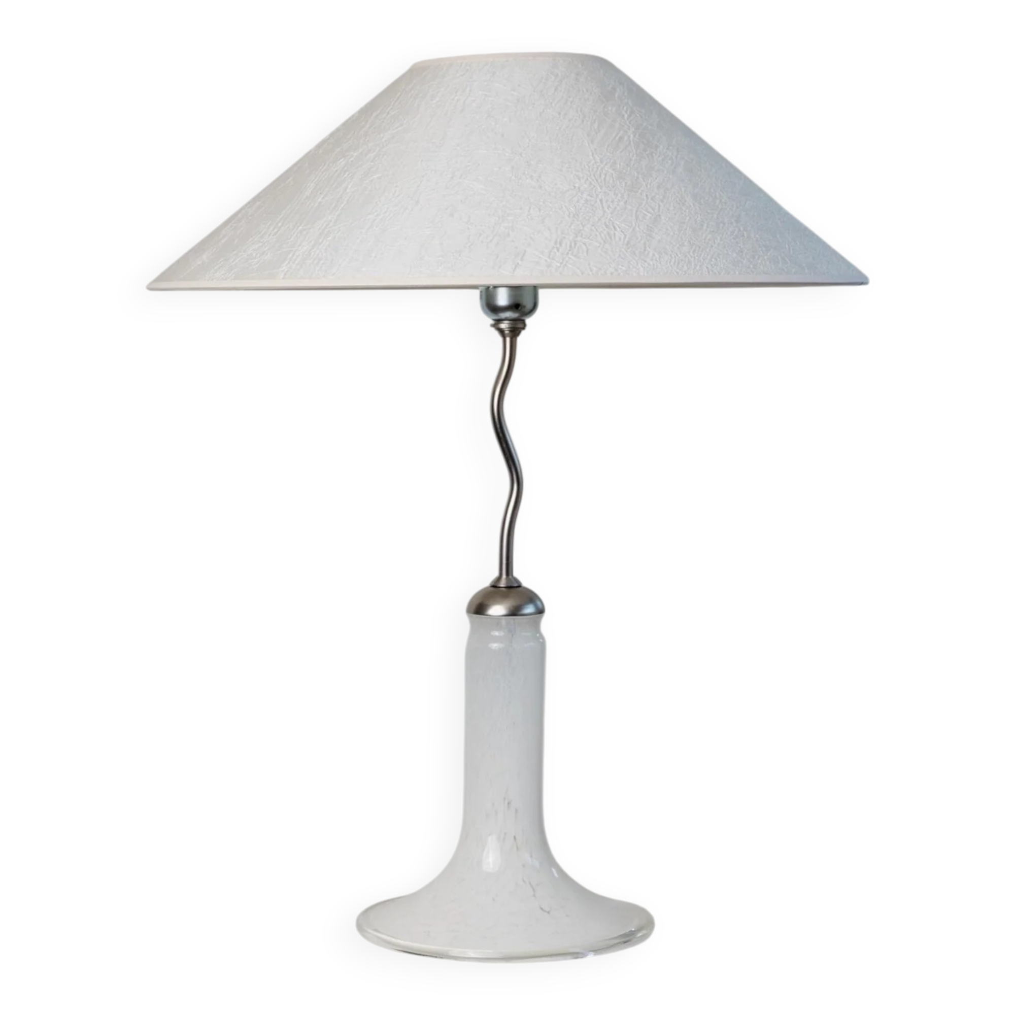 White Murano Glass Table Lamp with Zigzag Silver Metal Details and Textured Silk Shade, Italy 1980s