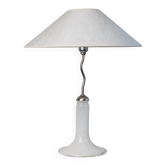 White Murano Glass Table Lamp with Zigzag Silver Metal Details and Textured Silk Shade, Italy 1980s
