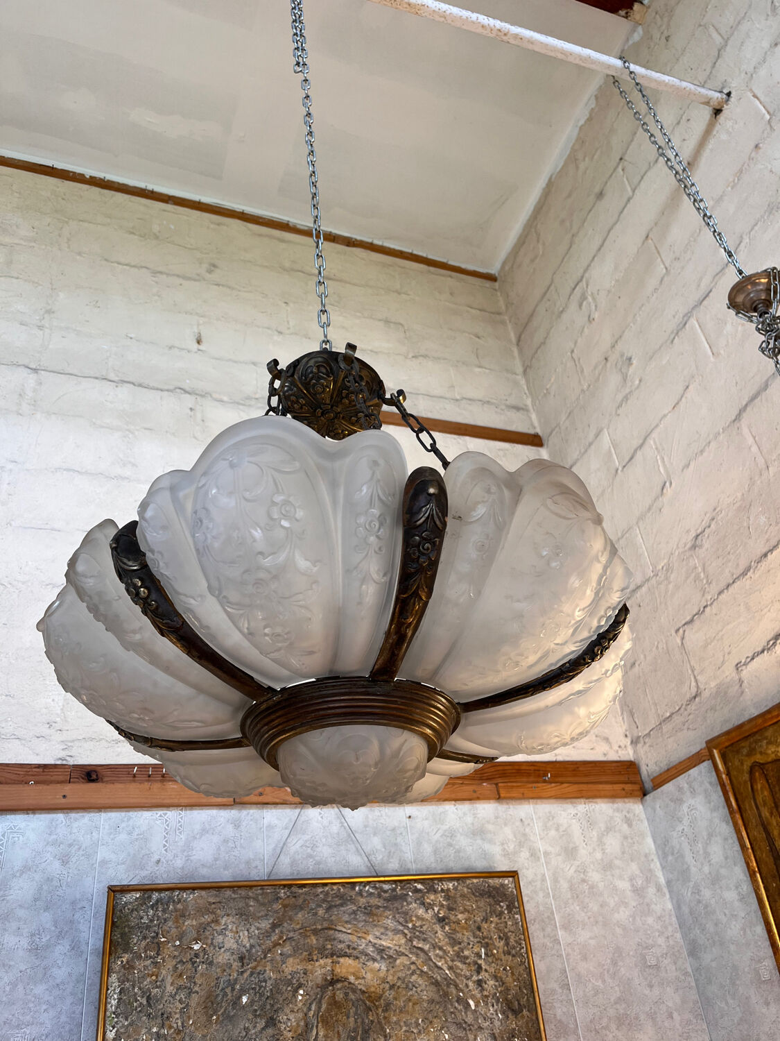 Art Deco chandelier 6 plates pressed glass bronze