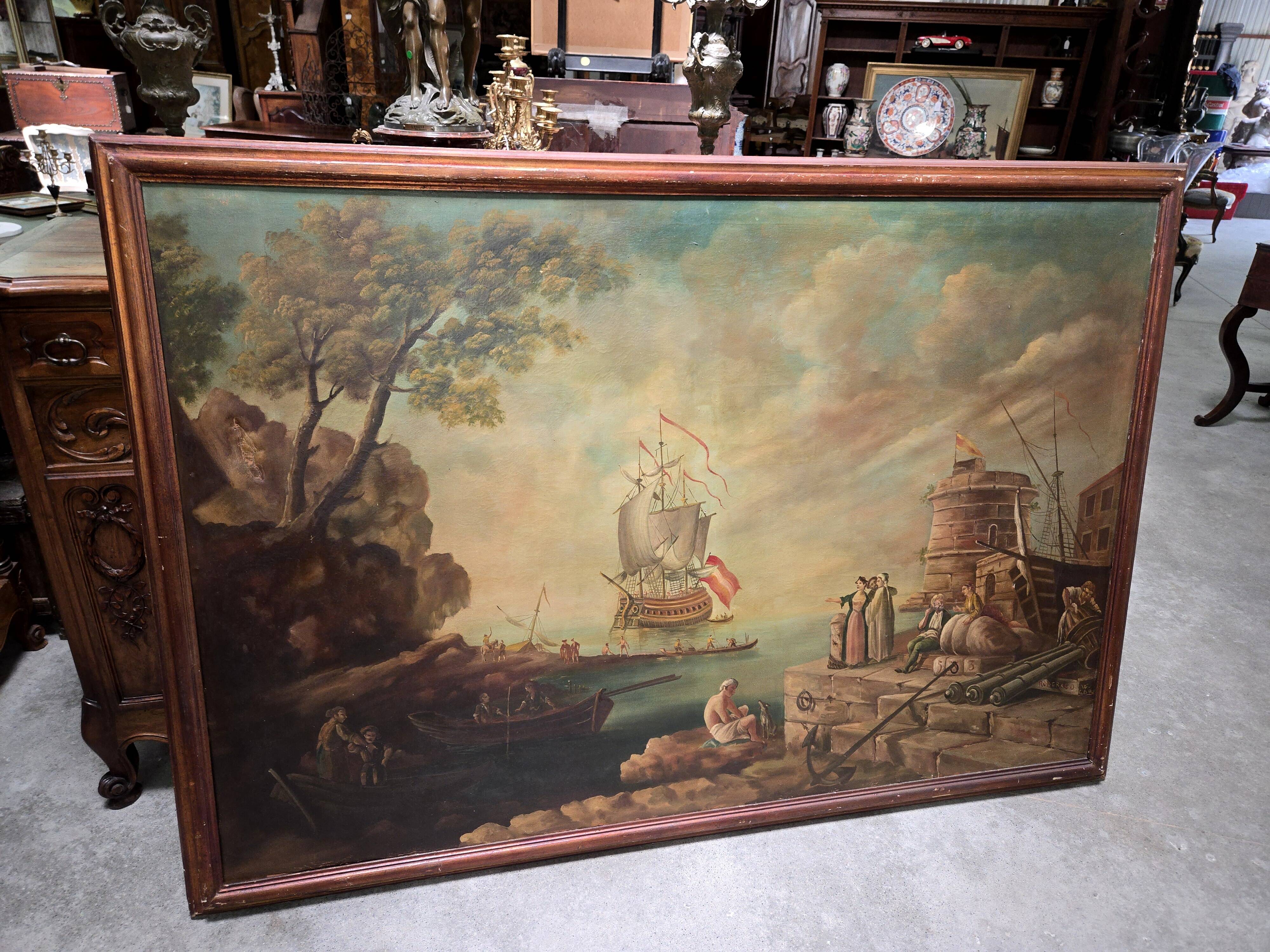 Very important animated marine scene – Oil on canvas in the style of the 18th century.