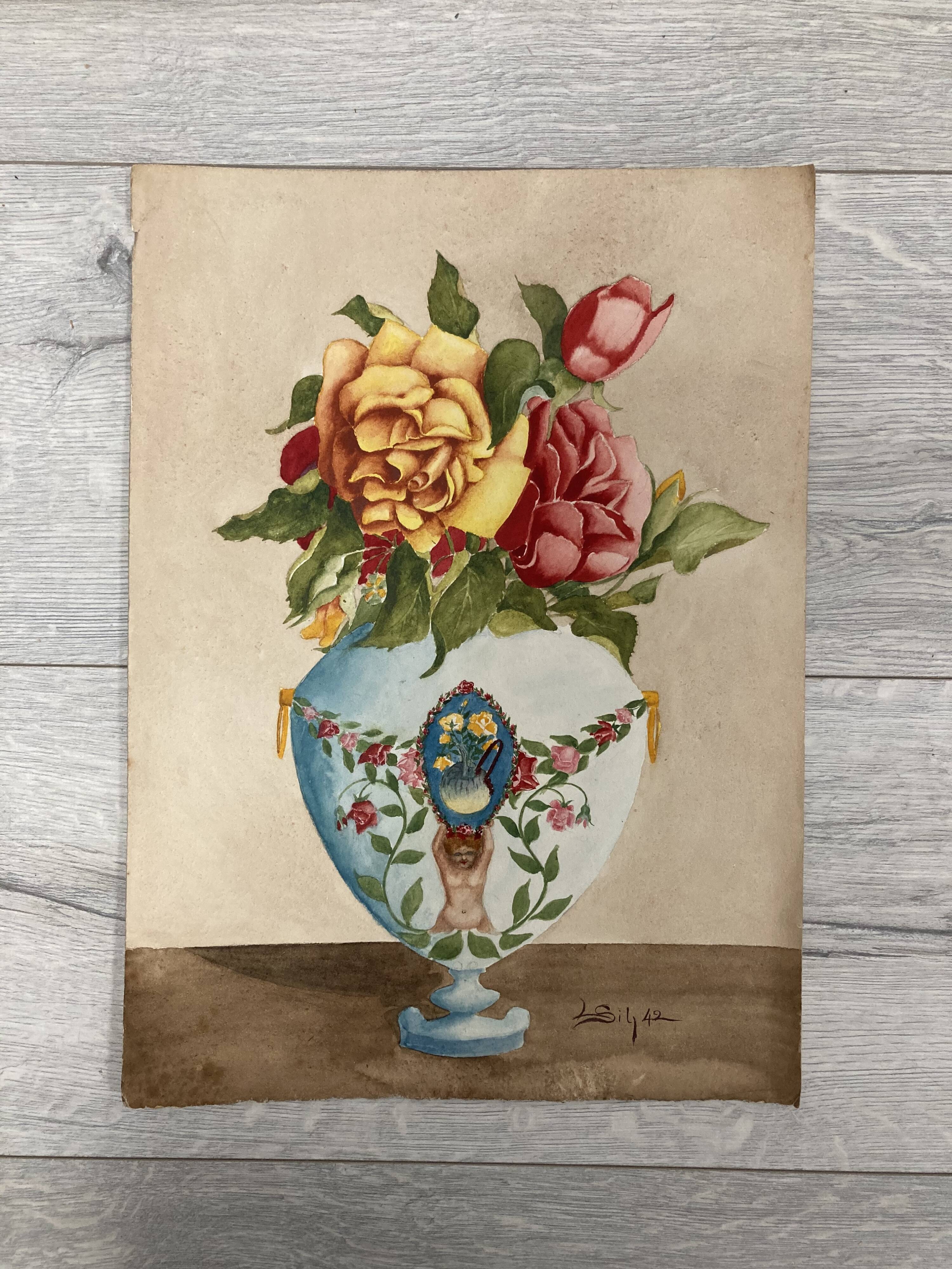 Vintage watercolor with roses in earthenware vase with angel