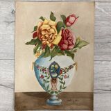 Vintage watercolor with roses in earthenware vase with angel