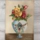 Vintage watercolor with roses in earthenware vase with angel