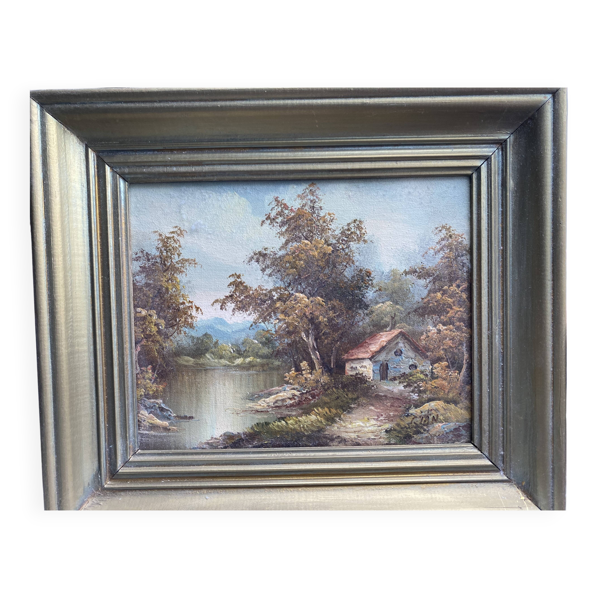 Vintage landscape painting with a house signed GIAN.
