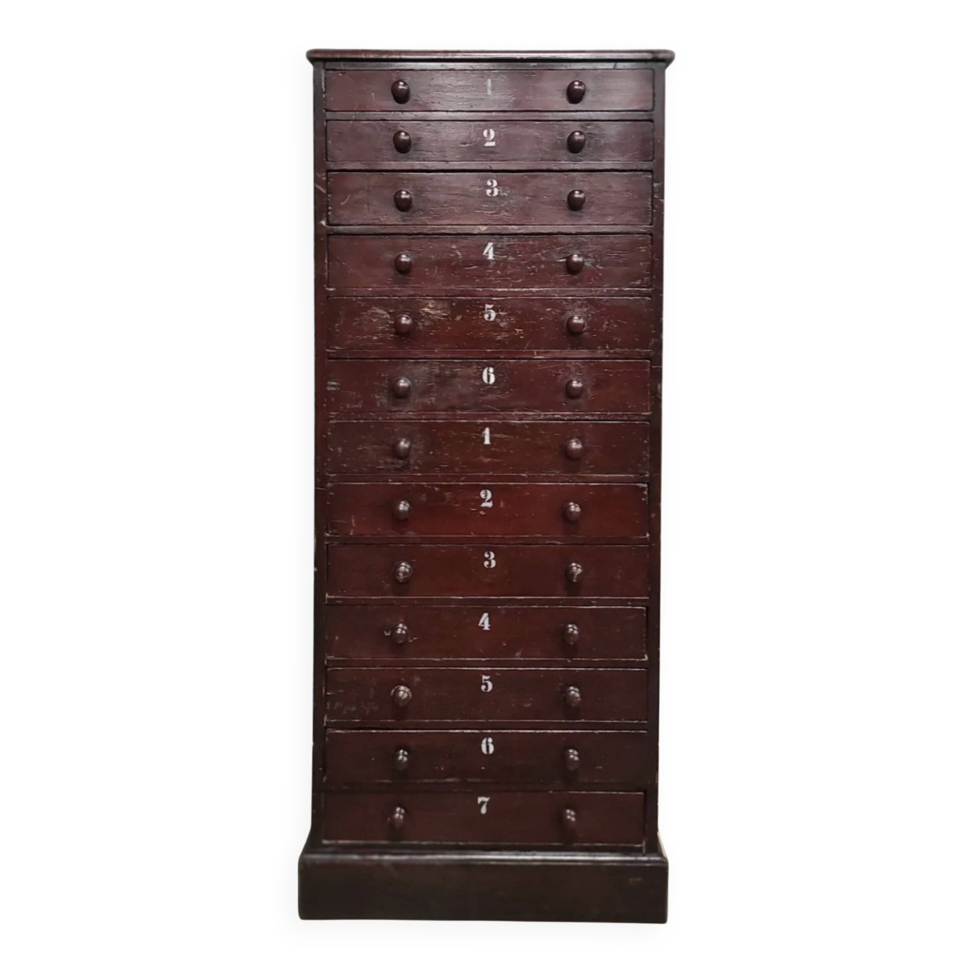 Vintage Drawer Cabinet with Dark Patina and Stenciled Letters