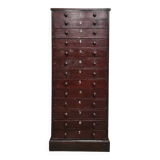 Vintage Drawer Cabinet with Dark Patina and Stenciled Letters