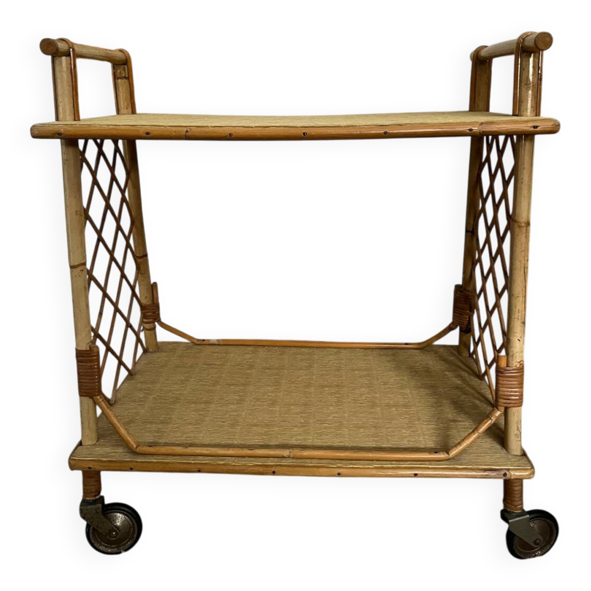 Rolling side table, serving cart, vintage rattan and wicker 60.