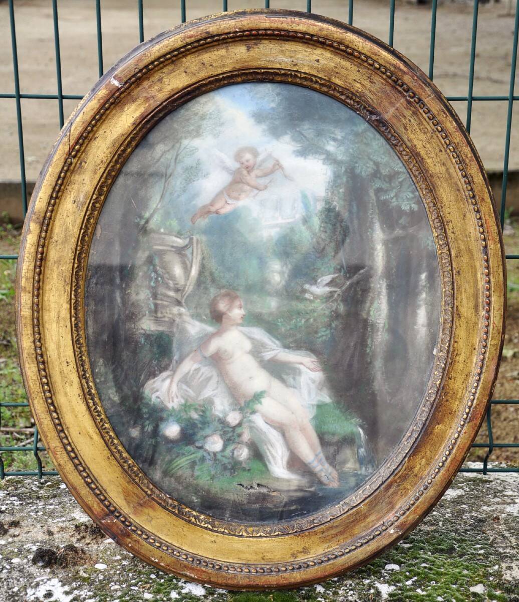 18th century oval pastel on canvas paper, country scene