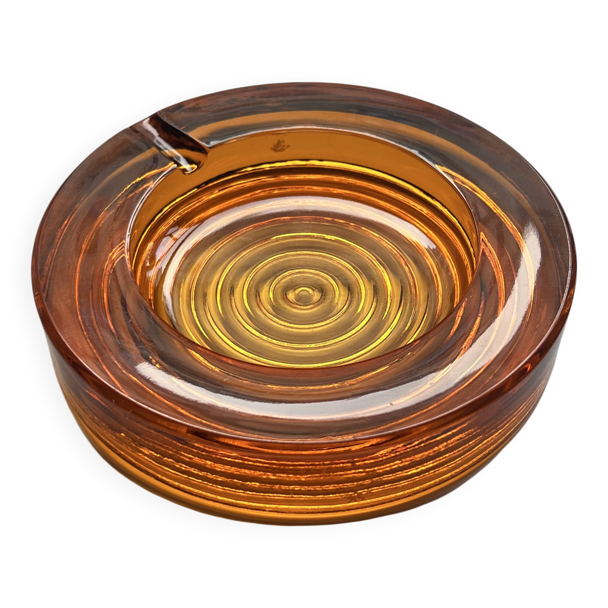 Amber pressed glass ashtray, 1970s design.
