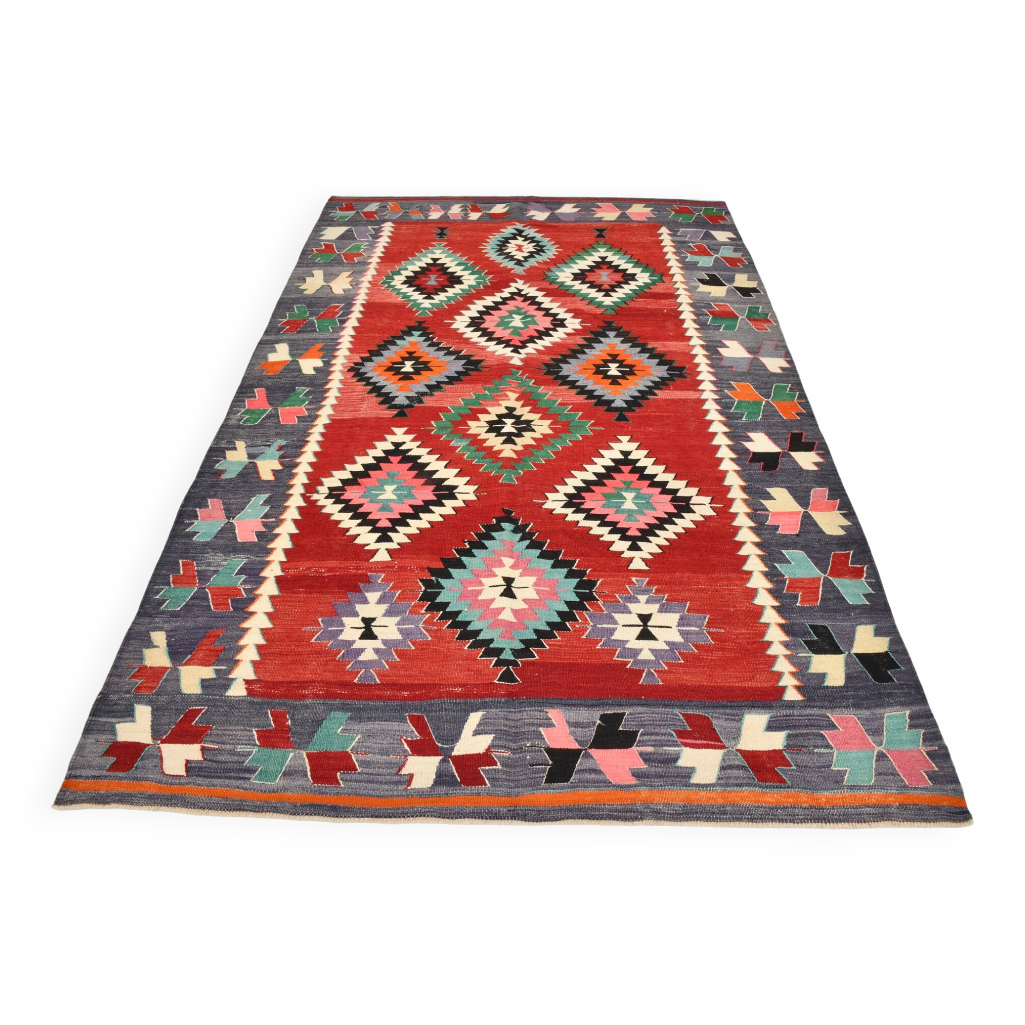 6x9 Red & Grey Orientel Large Kilim Rug, Vintage Wool Kilim Rug, 170x267Cm