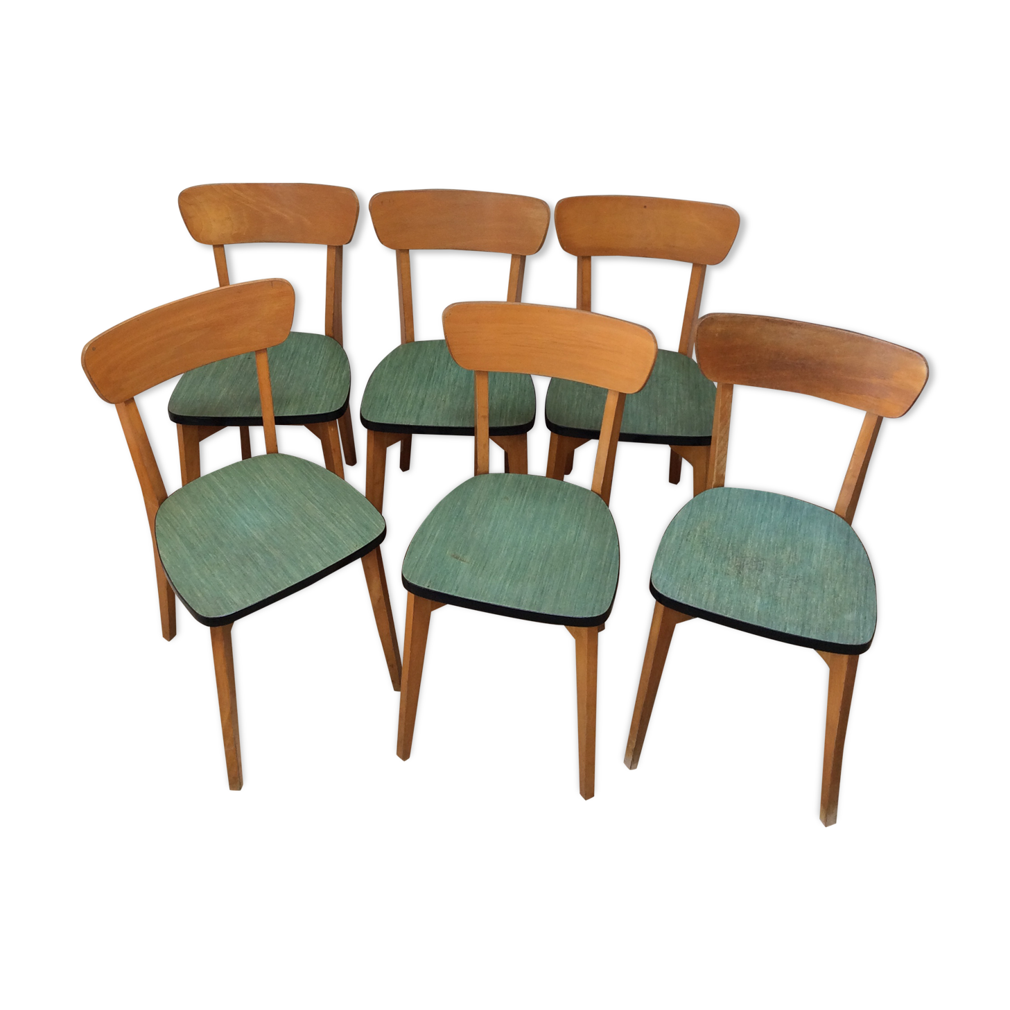 Set of 6 chairs in wood and green leatherette, 1960's