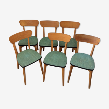 Lot de 6 chaises en bois et skaï vert,1960s