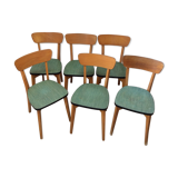Set of 6 chairs in wood and green leatherette, 1960's